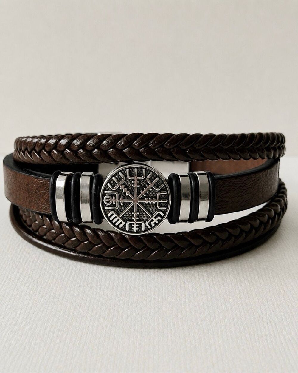Weathered Viking Vegvísir Compass Bracelet in Brown Vegan Leather, Nordic